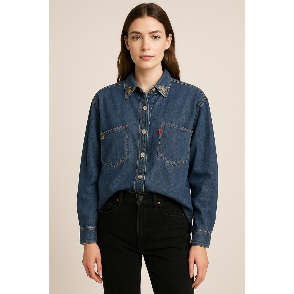 Elizabeth Collier And Company Denim Shirt Embellished Heart Western Butt Women M